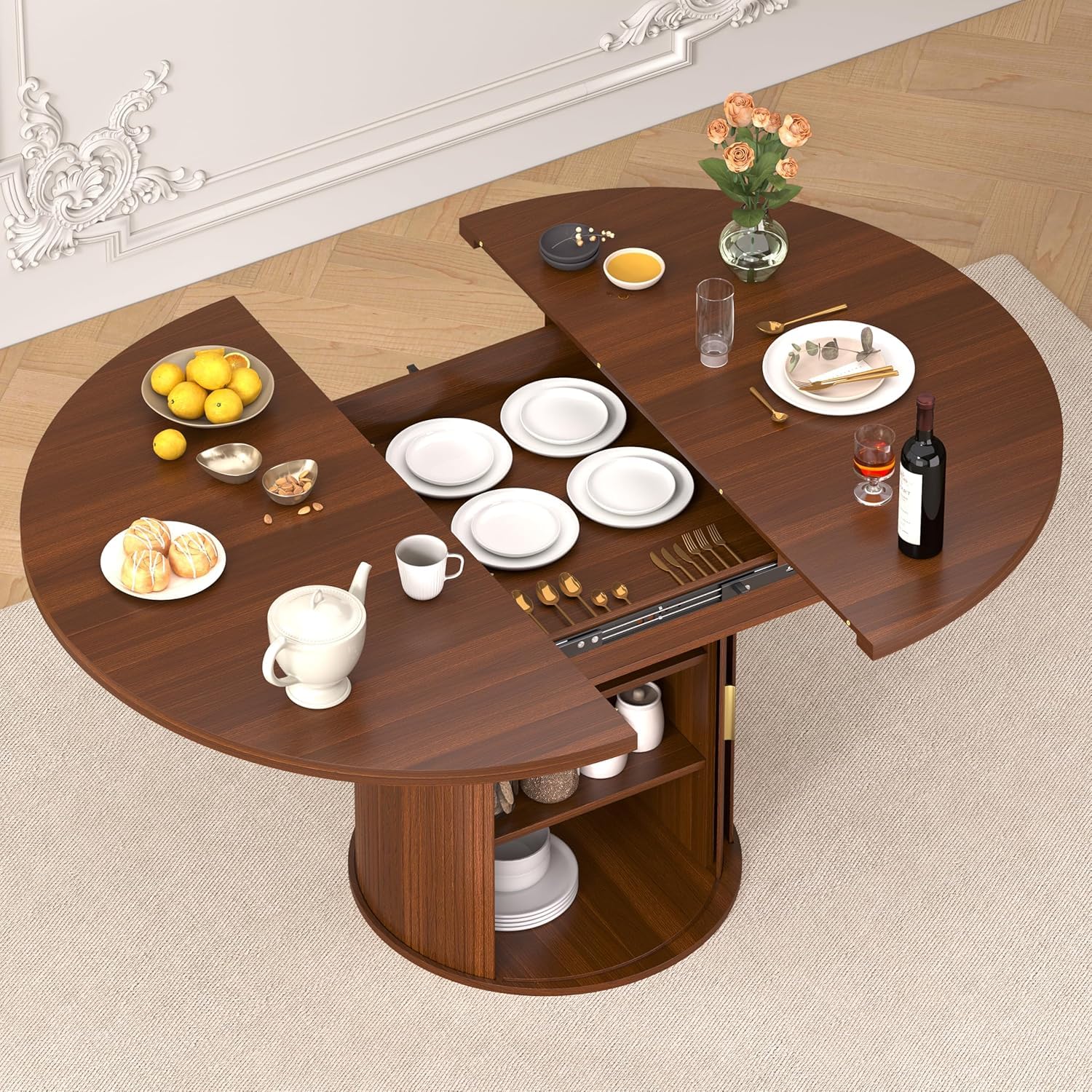 Kitchen Appliances Table - Ausziehbarer runder Esstisch: 47″–63″ Küchentisch für